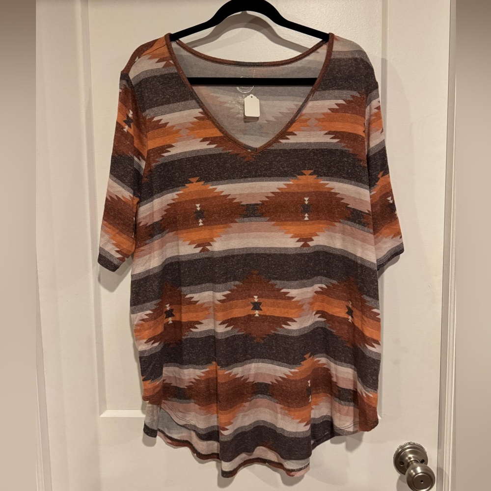 Maurices Women's Short Sleeve V-Neck Aztec Stripe Tee in Rust, Brown, Cream